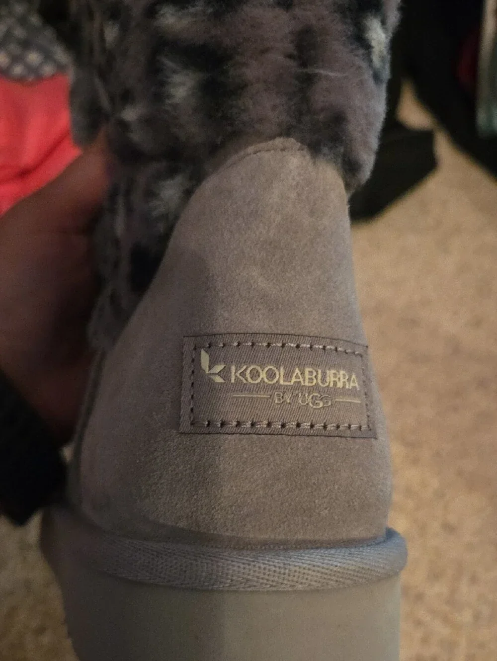 Koolaburra Gray Suede Ankle Boot with Leopard Faux Fur Cuff